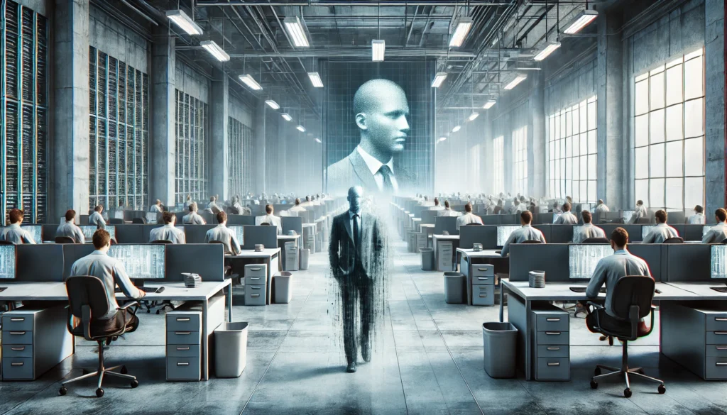 DALL·E 2025 02 21 11.43.21 A surreal and dystopian corporate office depicting the loss of individuality. The office is vast and sterile filled with identical workers sitting at