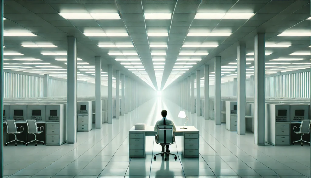 DALL·E 2025 02 21 11.45.42 A surreal corporate office inspired by Severance emphasizing Ben Stillers eerie cinematic style. The environment is stark and minimalist with an 1 1