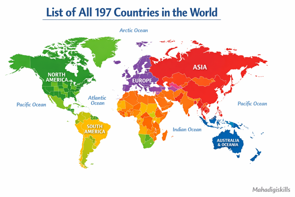 World map showing all 197 countries by continent with labeled regions and borders