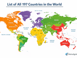 World map showing all 197 countries by continent with labeled regions and borders