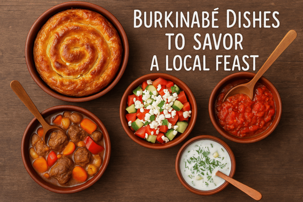 “Traditional Burkinabé food dishes arranged on a wooden table”