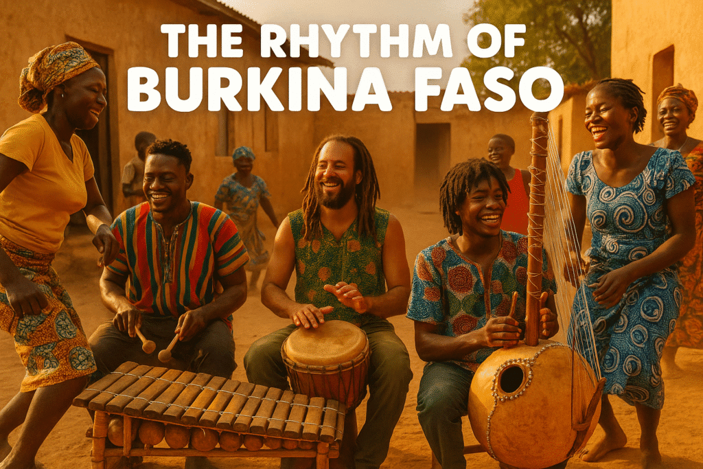 Burkina Faso street musicians and dancers in a village
