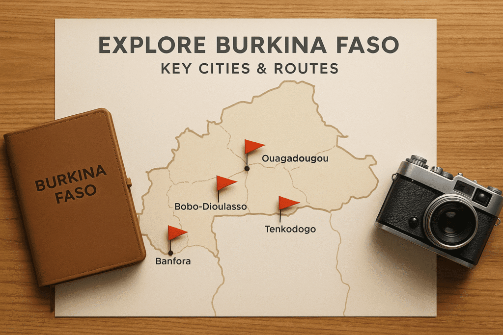 Map of Burkina Faso with major cities marked and travel tools