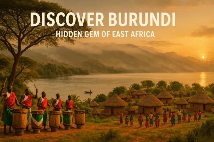 Scenic landscape of Burundi with Lake Tanganyika, hills, drummers, and sunset