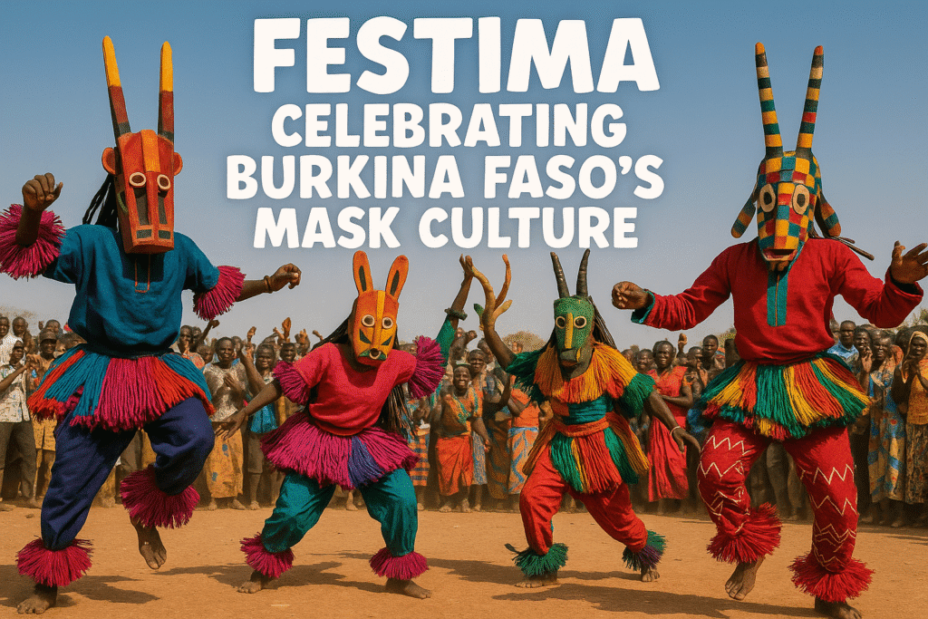 “Burkina Faso traditional mask festival with dancers”