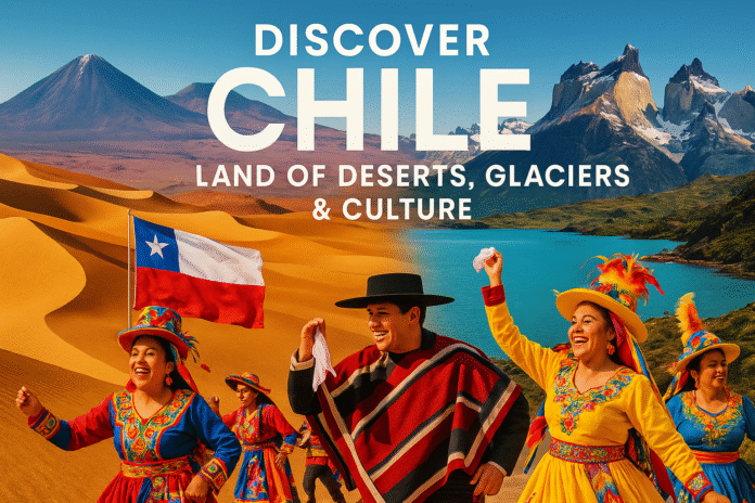 Panoramic view of Chile with Atacama Desert, Andes Mountains, and Chilean culture highlights