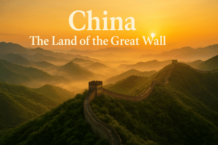 The Great Wall of China across mountains with sunrise.