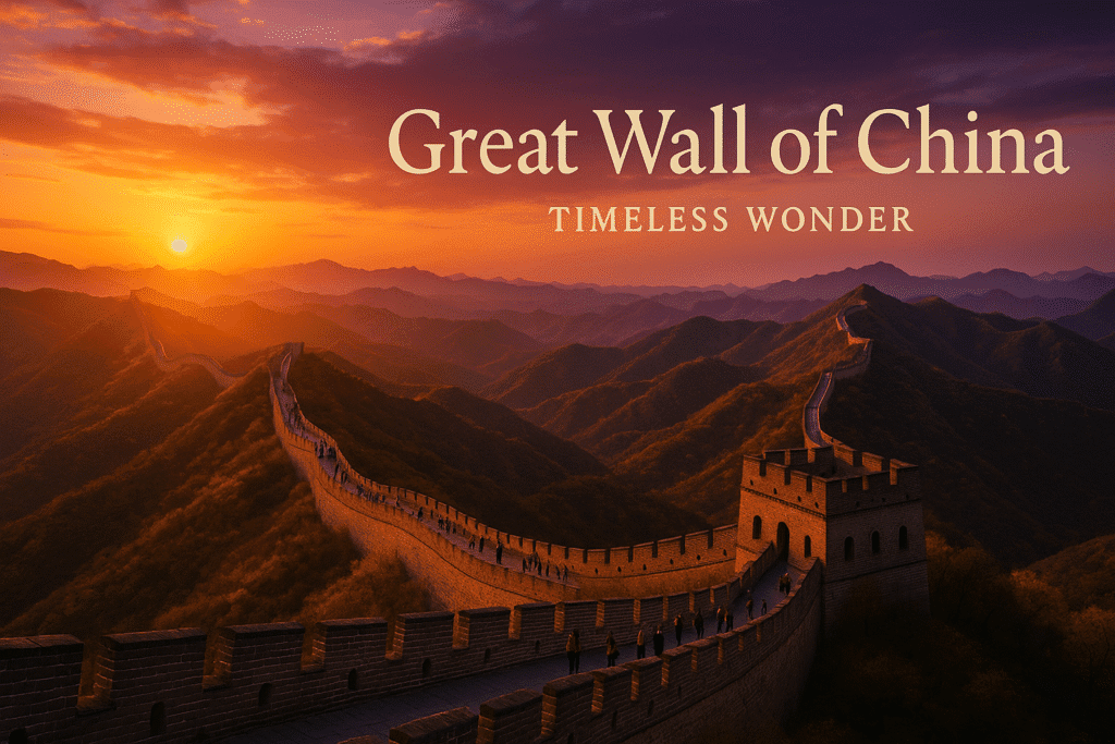 The Great Wall of China winding across golden mountains during sunset