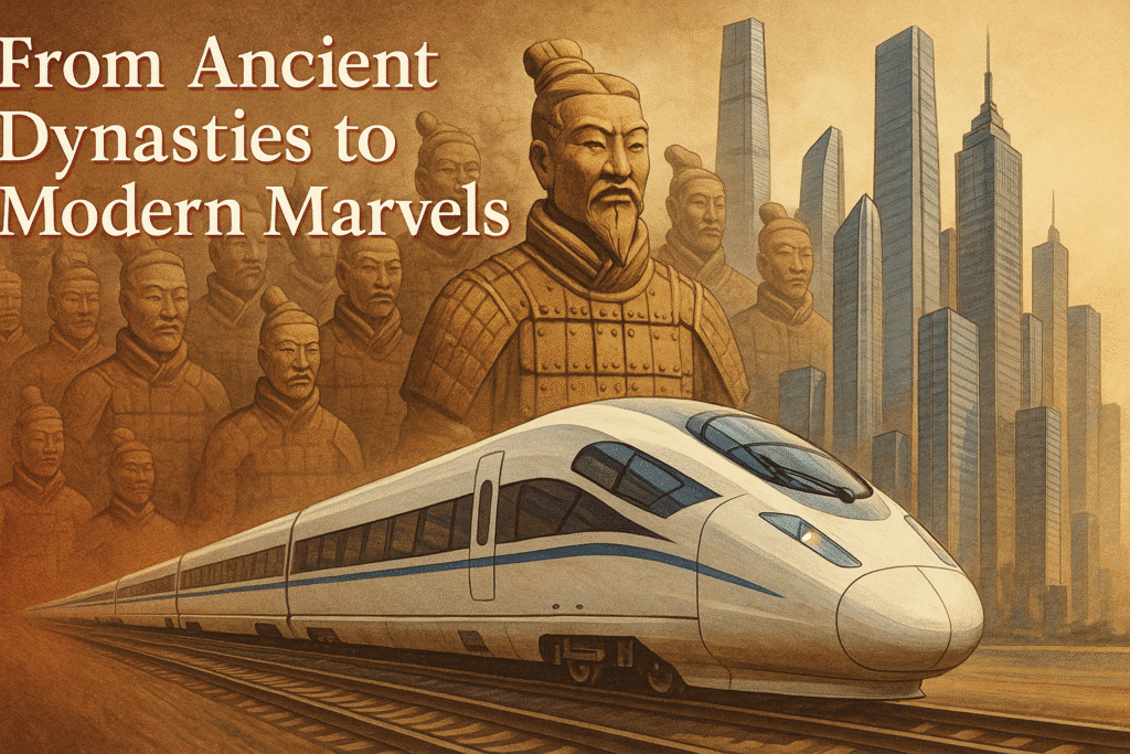Chinese history evolving from dynasties to modern marvels.