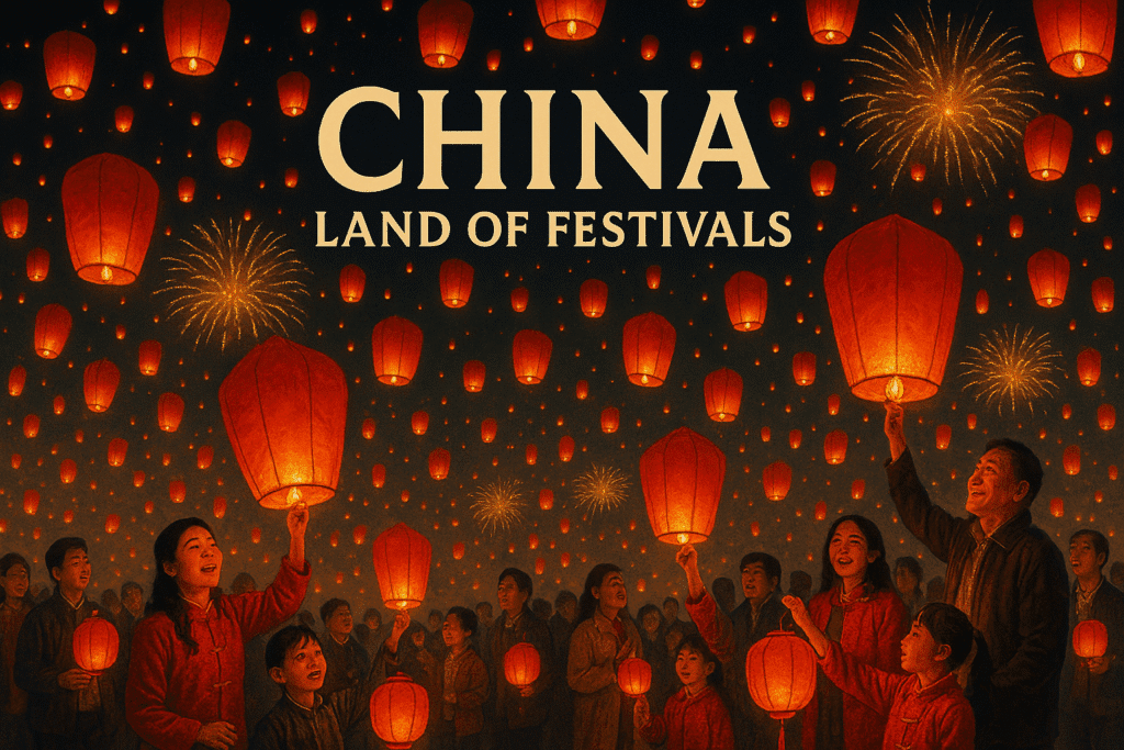 Chinese lantern festival with red lanterns, fireworks, and people celebrating.