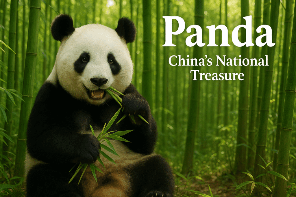 A giant panda sitting in a bamboo forest eating bamboo shoots.