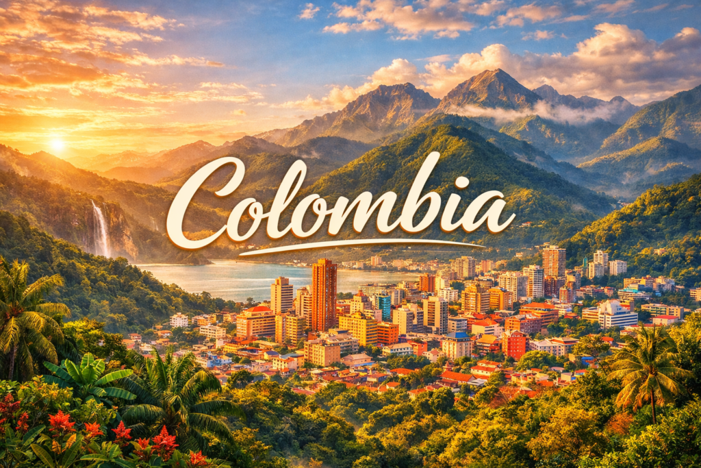 Beautiful landscape of Colombia showing mountains, forests and city skyline representing Colombia
