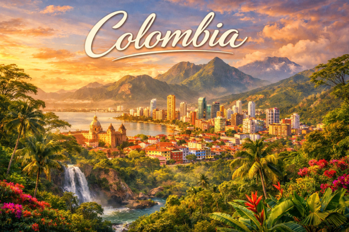 Beautiful landscape of Colombia showing mountains, forests and city skyline representing Colombia