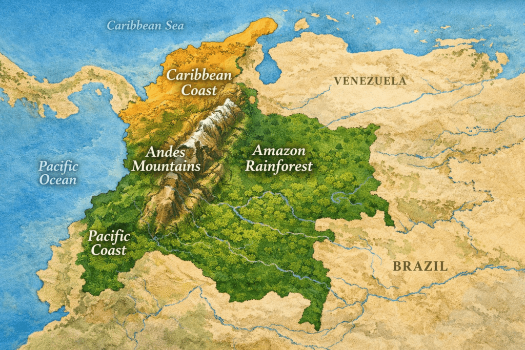 Geographical map of Colombia showing regions mountains rainforest and coastal areas
