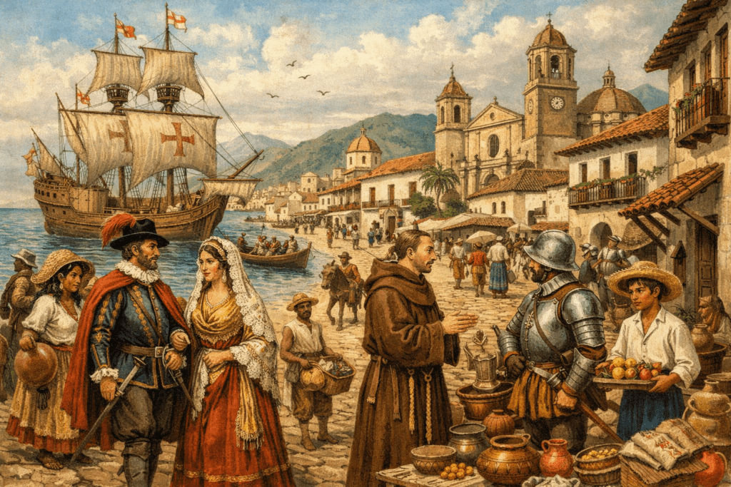 Historical colonial scene in Colombia showing Spanish influence and early settlements
