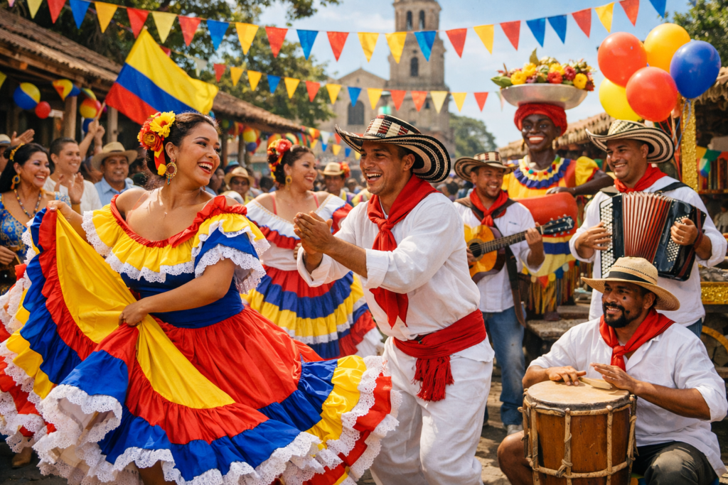 Traditional Colombian festival with dancers colorful costumes and music culture

