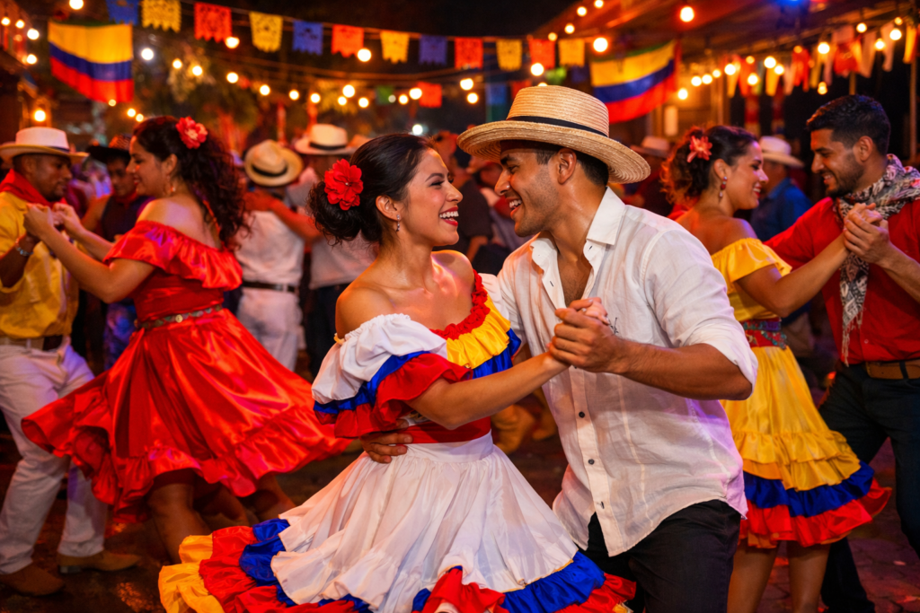 Salsa dance culture in Colombia with energetic dancers and vibrant atmosphere
