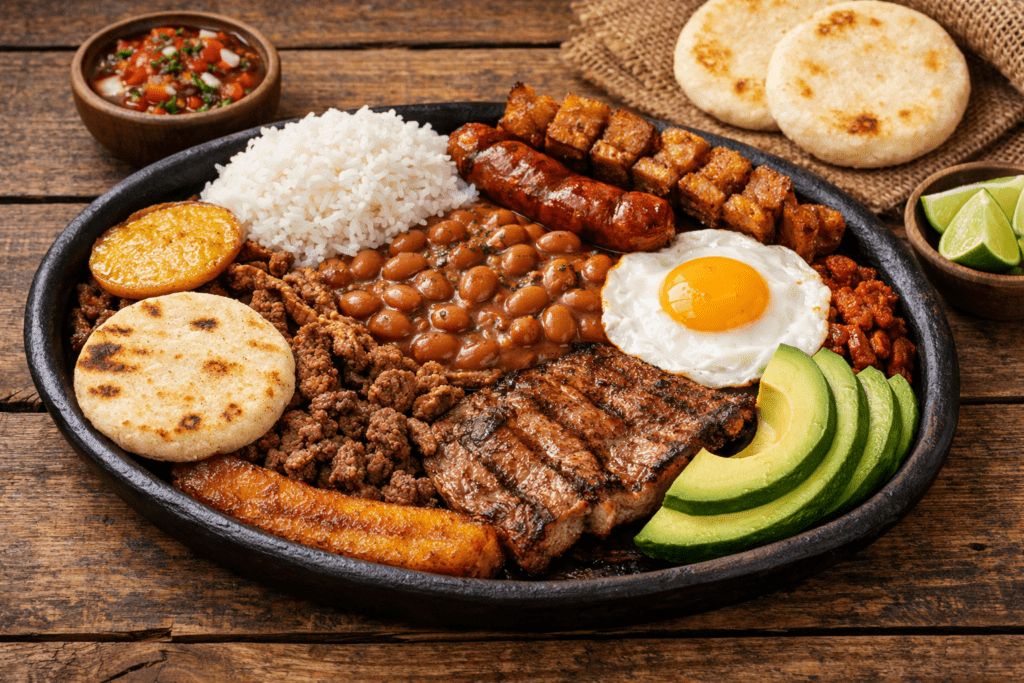 Traditional Colombian food including bandeja paisa and arepas on a table
