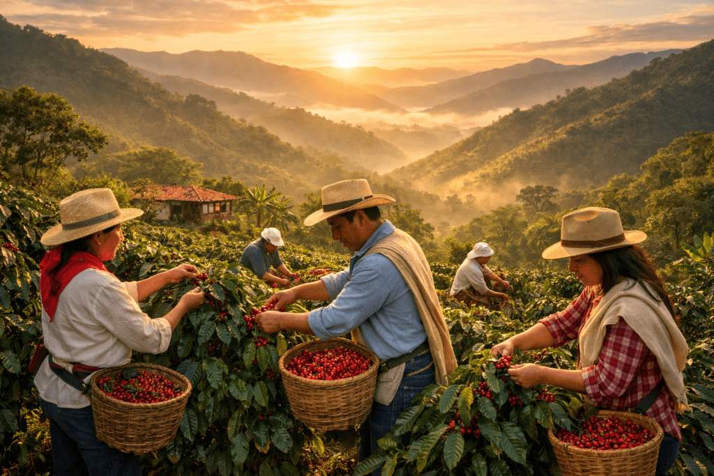Coffee plantation in Colombia with farmers harvesting coffee beans
