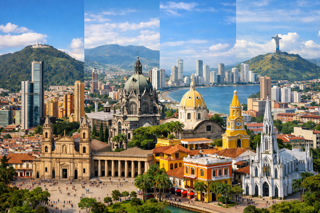 Major cities of Colombia including Bogotá Medellín Cartagena and Cali skyline
