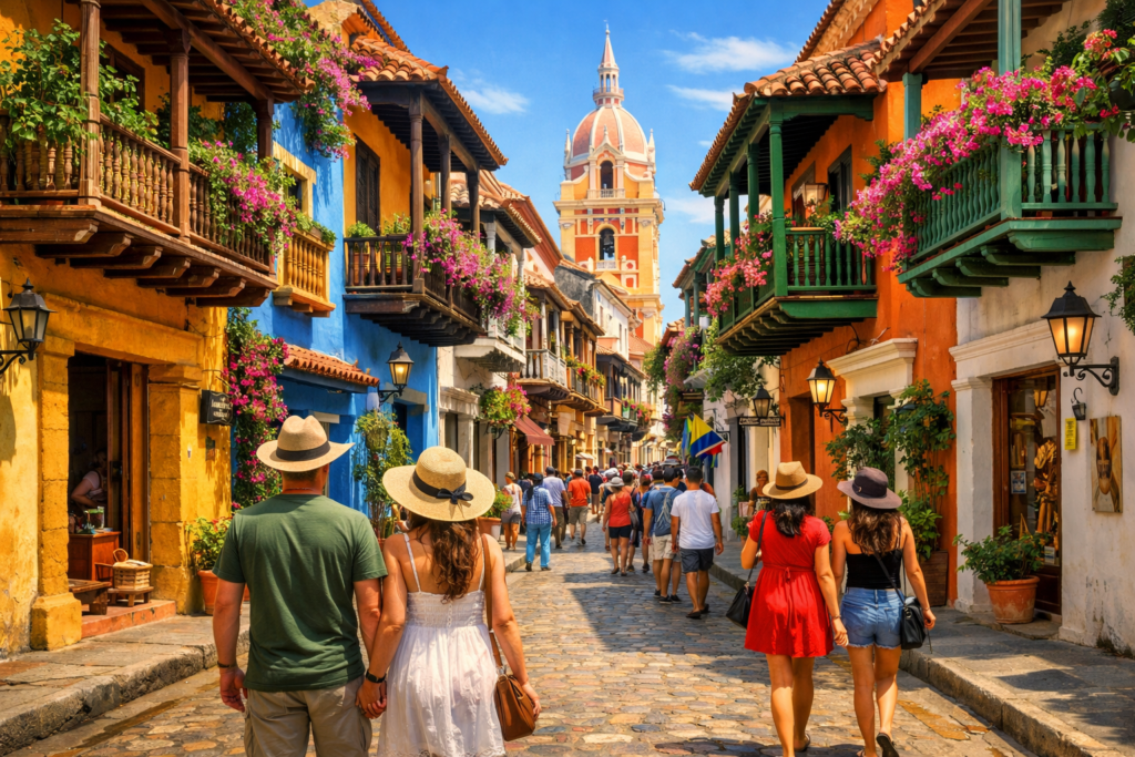 Colorful colonial streets in Cartagena Colombia showing tourism and historic architecture in Colombia
