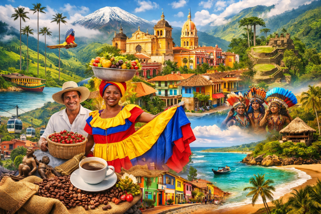 Collage representing Colombia culture nature cities and tourism highlights

