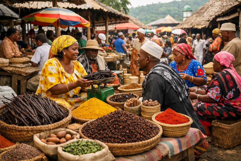 Local market economy in Comoros with spices and trade