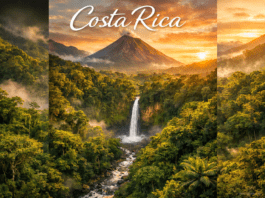 40.Ultimate Costa Rica Travel Guide 2026 Aerial view of Costa Rica rainforest with volcano, river and waterfall showing natural beauty