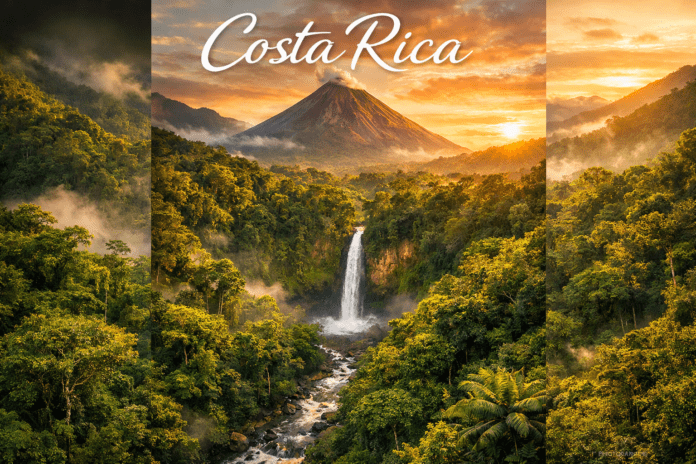 Aerial view of Costa Rica rainforest with volcano, river and waterfall showing natural beauty
