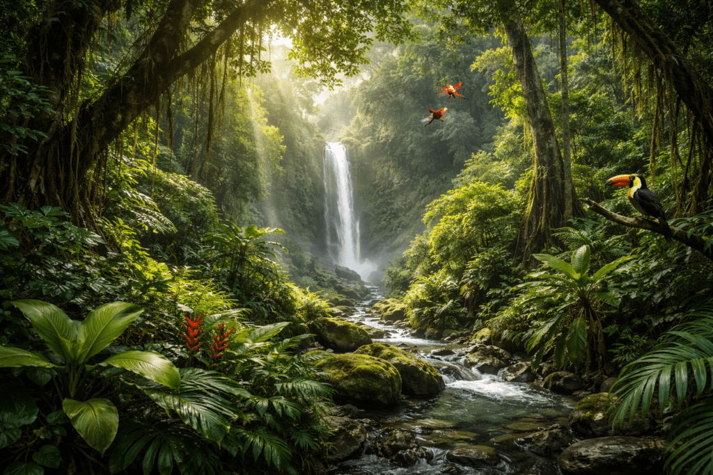 Lush tropical rainforest in Costa Rica with dense green jungle and rich biodiversity