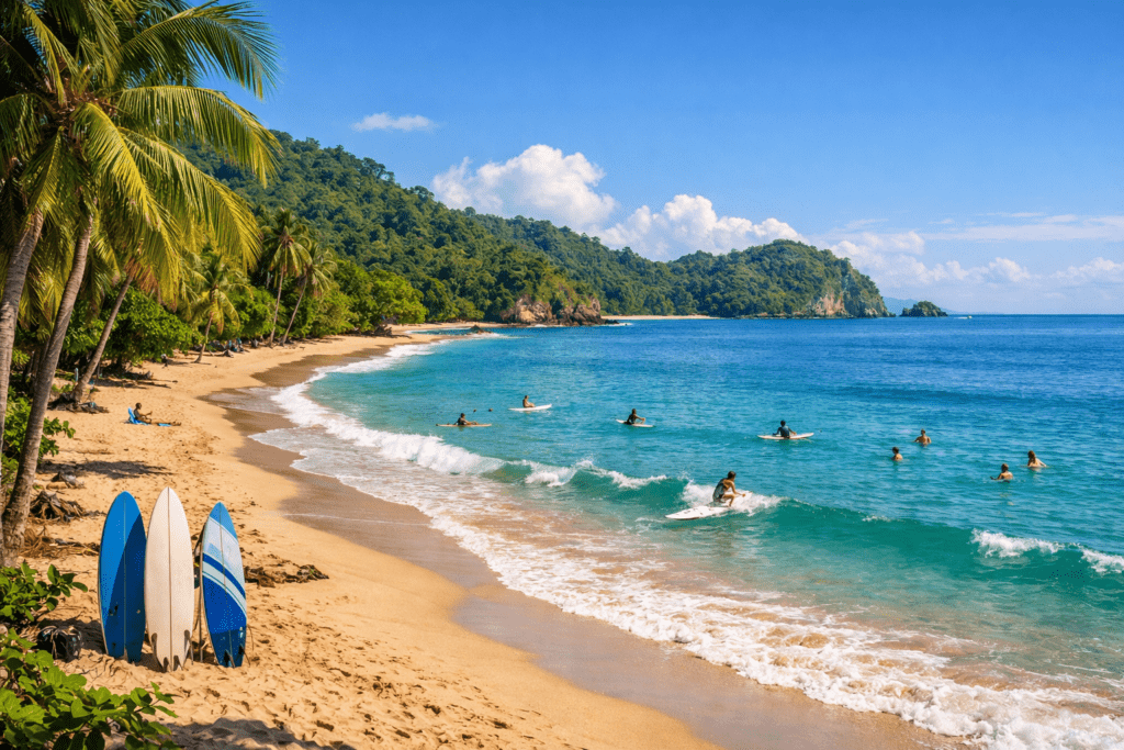 Beautiful tropical beach in Costa Rica with palm trees and turquoise ocean water