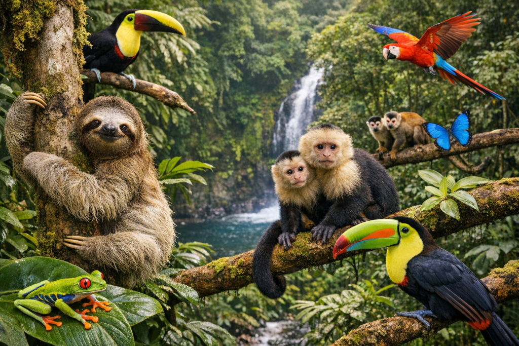 Sloth hanging on a tree branch in the Costa Rica rainforest