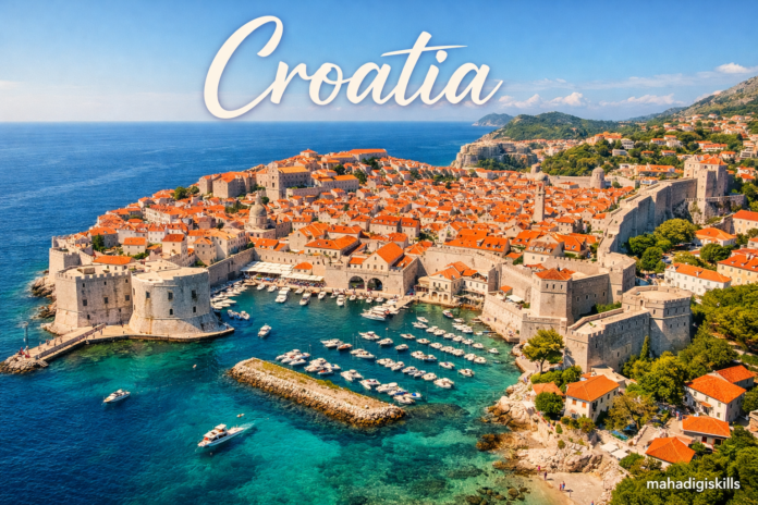 Croatia Dubrovnik old town aerial view with Adriatic Sea and historic city walls