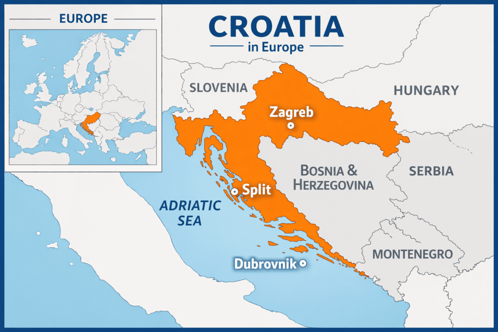 Map showing Croatia location in Europe with Adriatic Sea coastline and neighboring countries