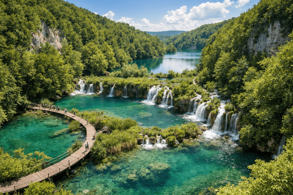 Plitvice Lakes National Park waterfalls and turquoise lakes in Croatia