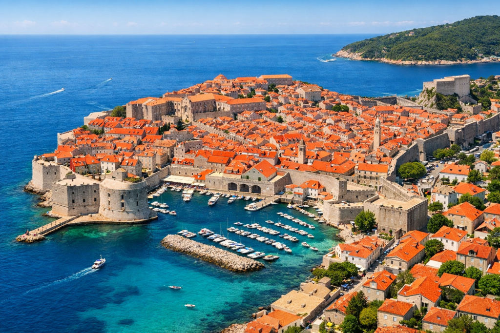 Dubrovnik old town Croatia with medieval walls and Adriatic Sea coastline