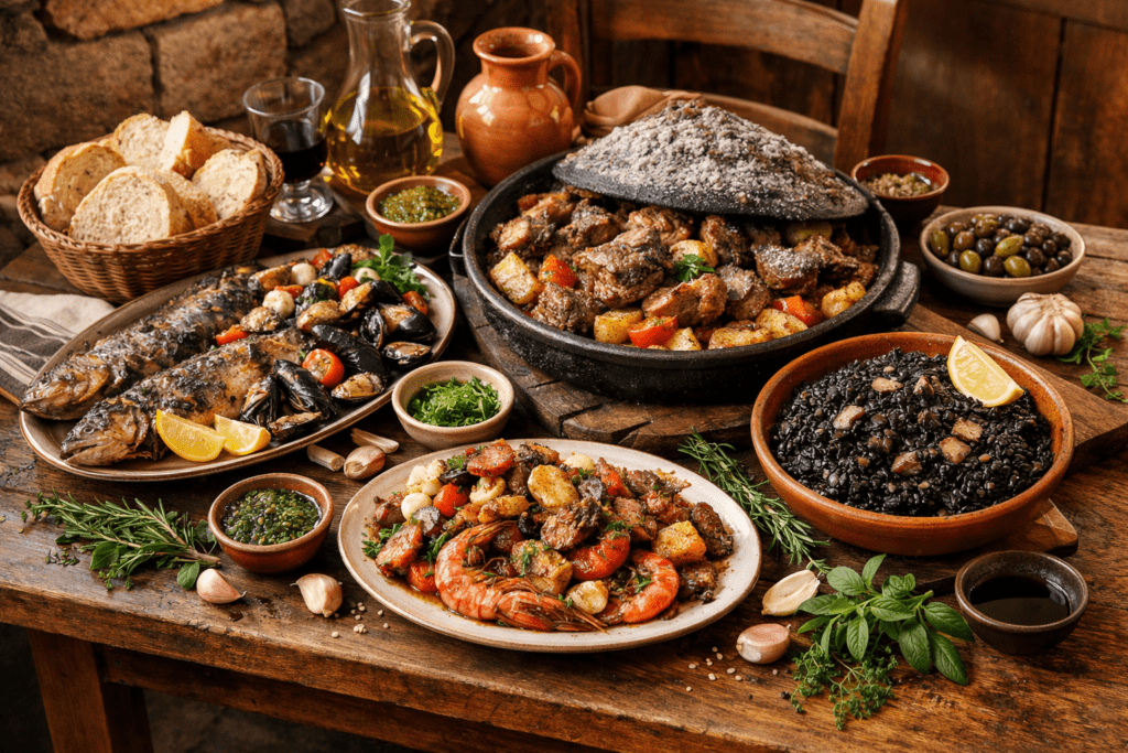 Traditional Croatian food dishes including seafood peka and black risotto