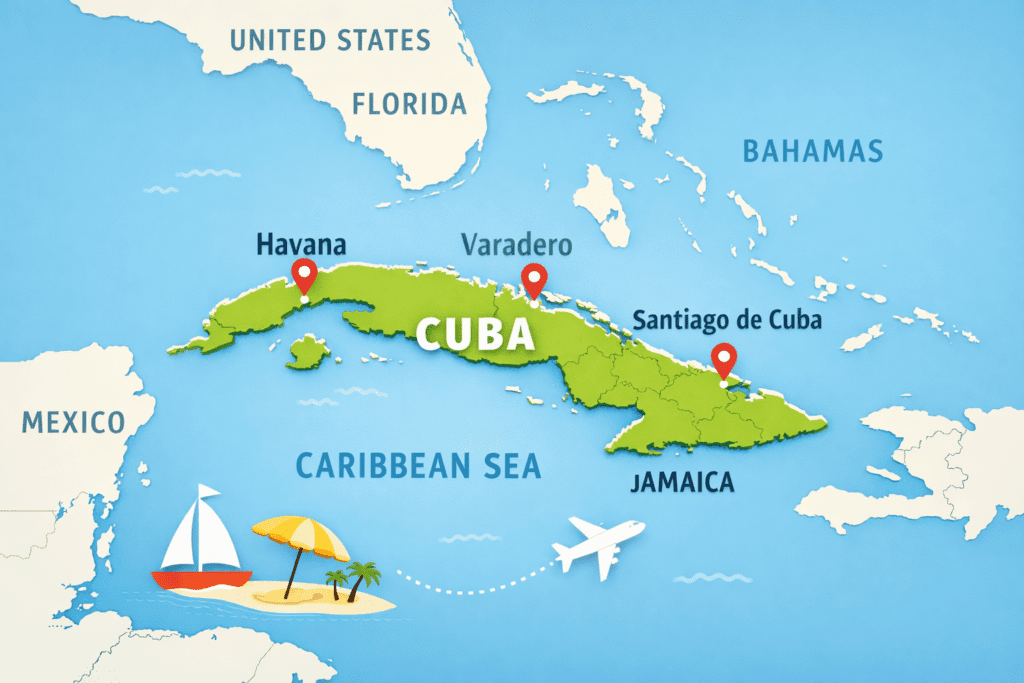 Map showing Cuba location in the Caribbean with major cities and surrounding countries