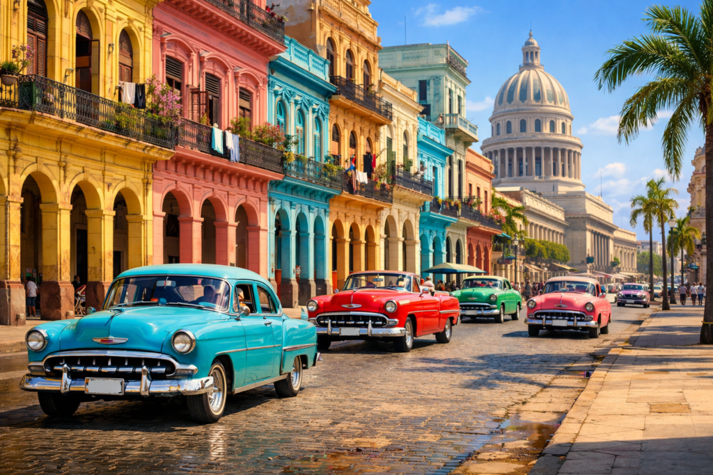 Colorful Havana street in Cuba with vintage classic American cars