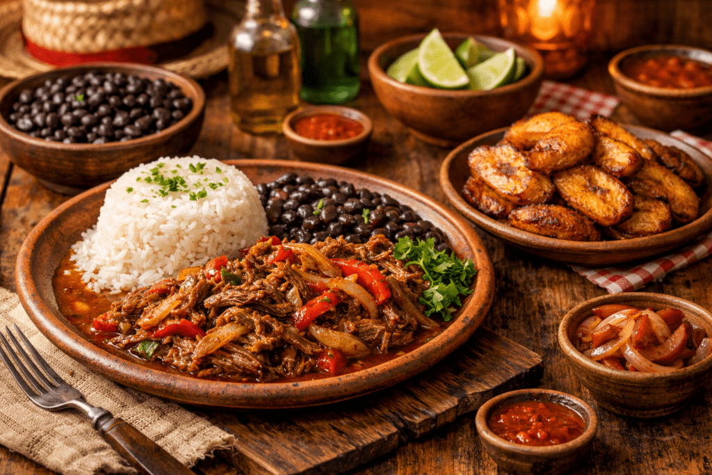 Traditional Cuban food dish ropa vieja with rice beans and plantains