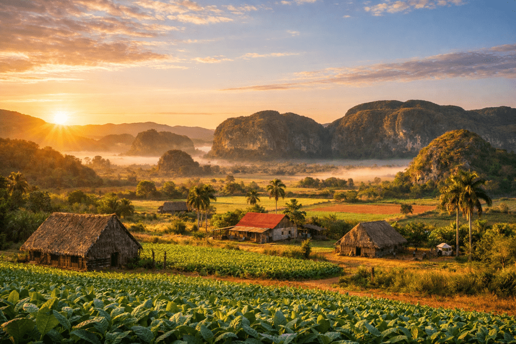 Viñales Valley landscape in Cuba with tobacco fields and limestone hills
