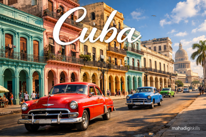 Colorful Havana street with vintage classic cars in Cuba