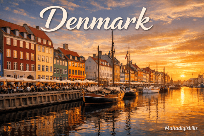 Colorful Nyhavn harbor in Copenhagen Denmark with boats and historic buildings