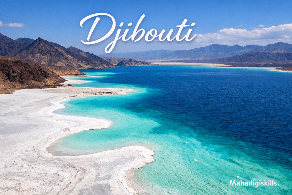 Lake Assal Djibouti salt lake with white salt flats and turquoise water