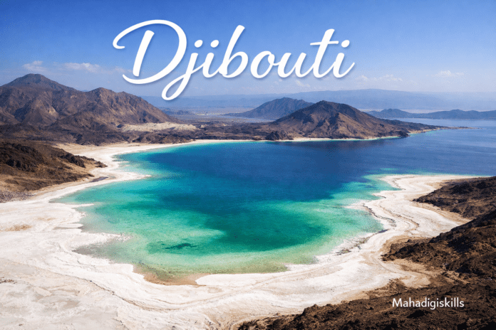 Lake Assal Djibouti salt lake with white salt flats and turquoise water