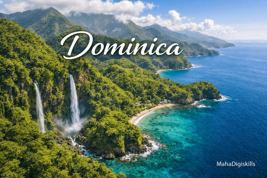 Dominica Caribbean island rainforest mountains and coastline aerial view