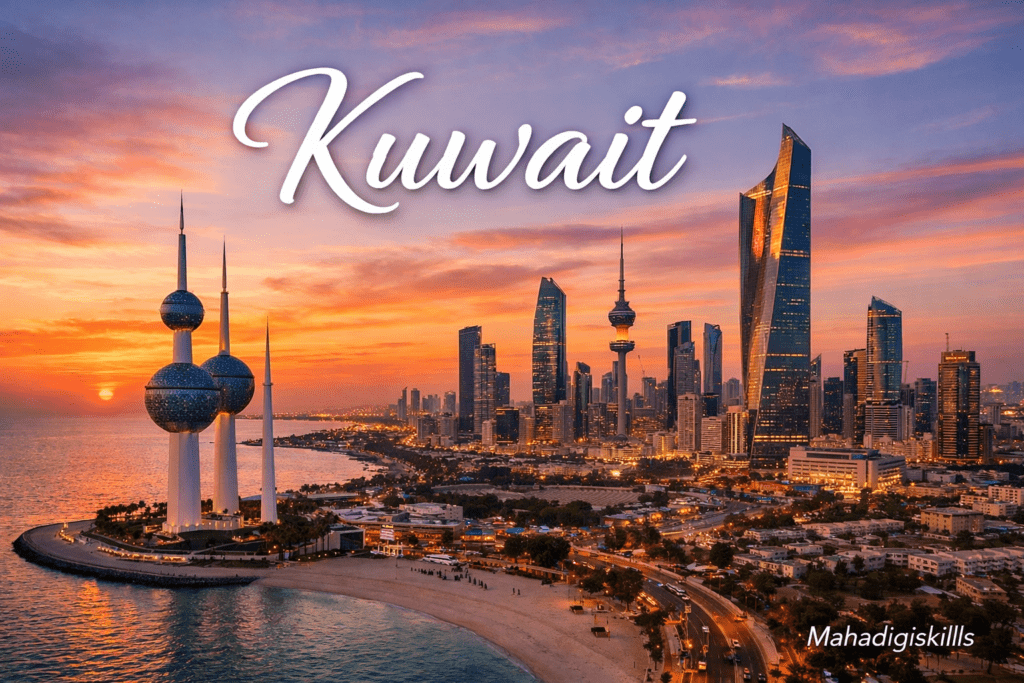 Kuwait City skyline with Kuwait Towers at sunset