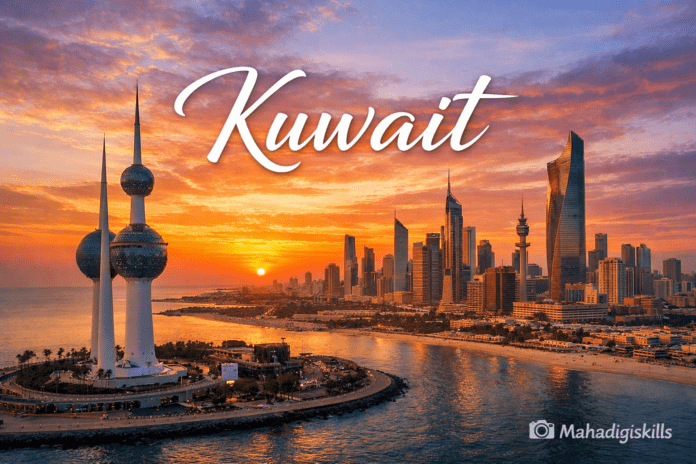 Kuwait City skyline with Kuwait Towers at sunset