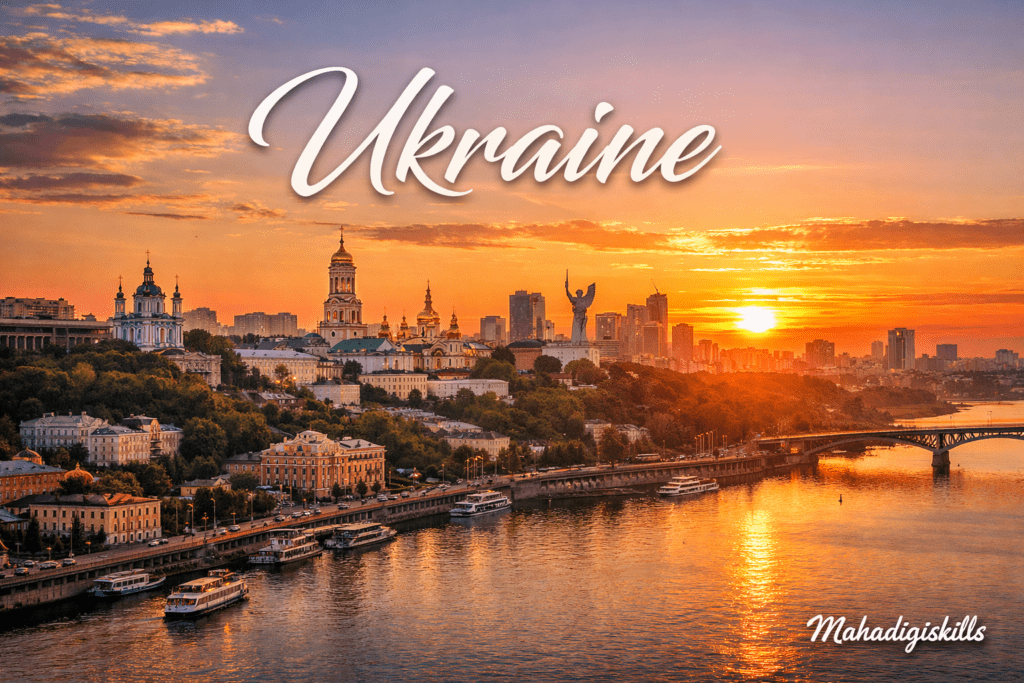 Kyiv city skyline with river and historic architecture, Ukraine travel