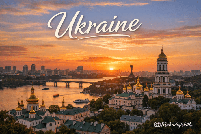 Kyiv city skyline with river and historic architecture, Ukraine travel